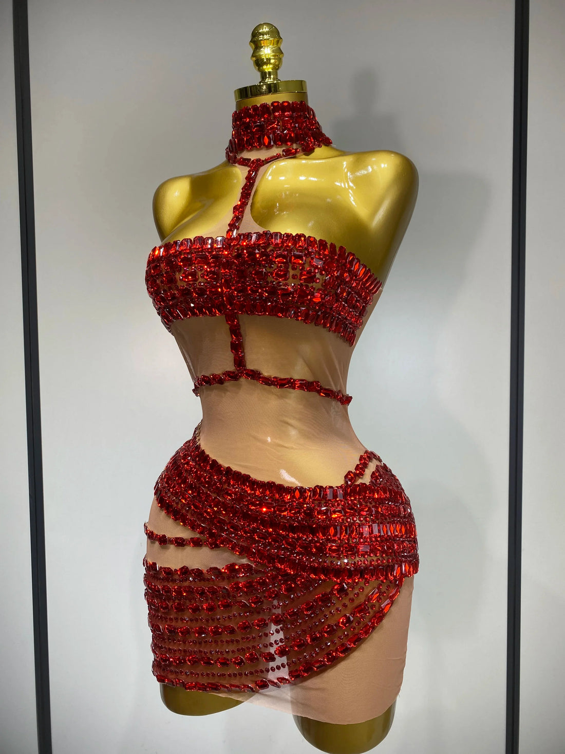 Sparkly Red Rhinestone Mini Dress Womer Sexy Mesh Birthday Wedding Party Prom Gowns Drag Queen Costume Singer Stage Outfit Red