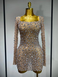 Sparkling Diamond Elegant Party Short Dress Celebrity Evening Party Prom Dress Nightclub Stage Outfit Luxury Birthday Dress Khaki