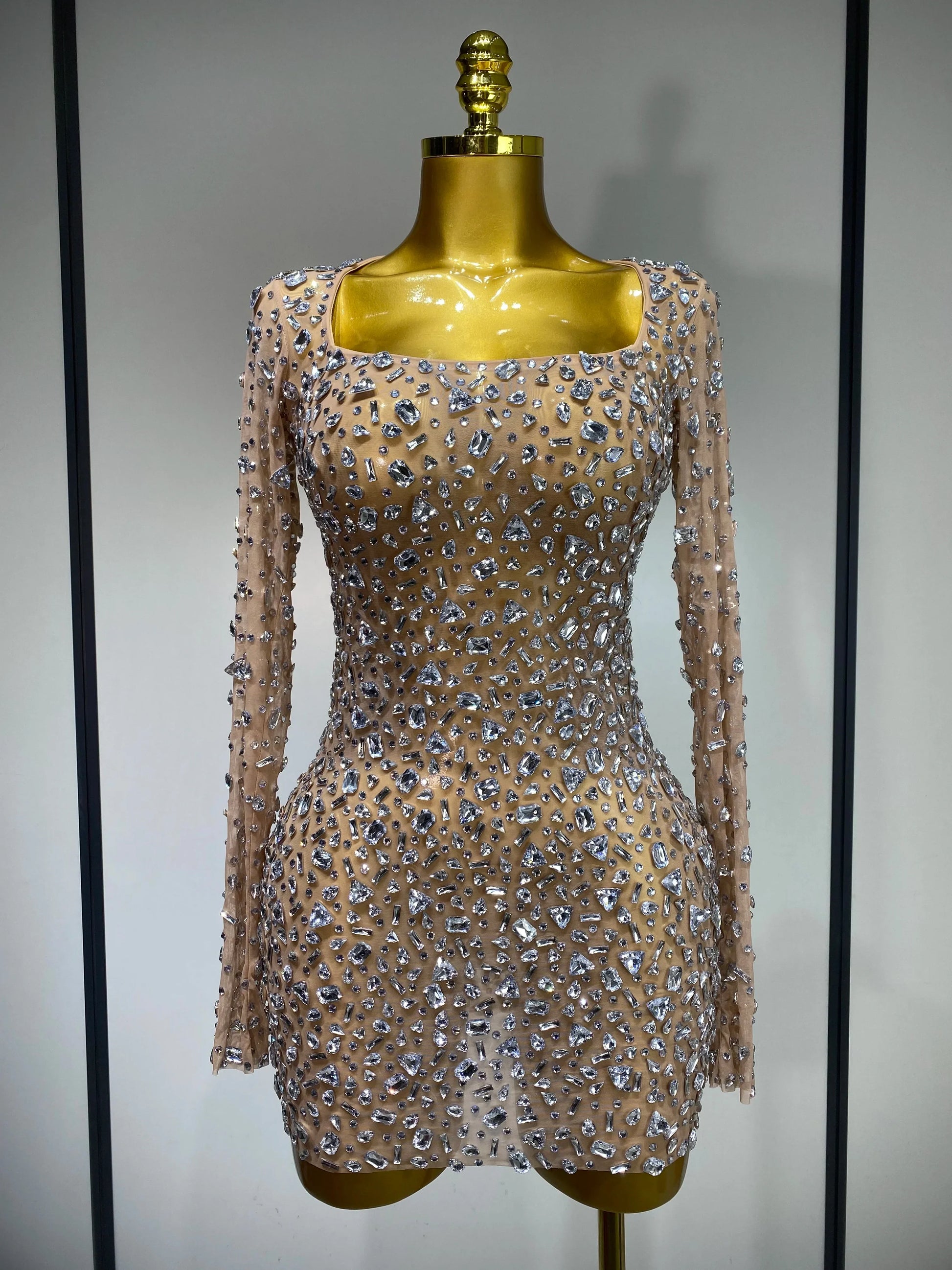 Sparkling Diamond Elegant Party Short Dress Celebrity Evening Party Prom Dress Nightclub Stage Outfit Luxury Birthday Dress Khaki