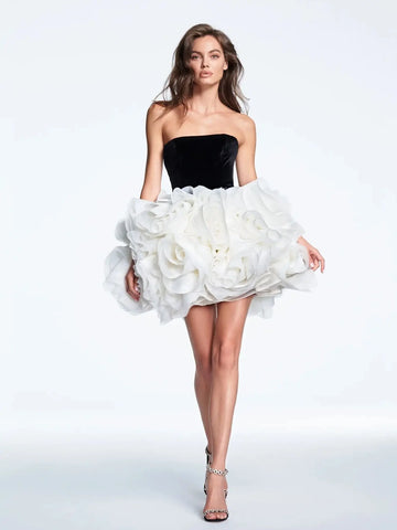 White Falbala Strapless Puffy Mini Dress Sweet Woman Birthday Party Vestido Stage Performance Costume