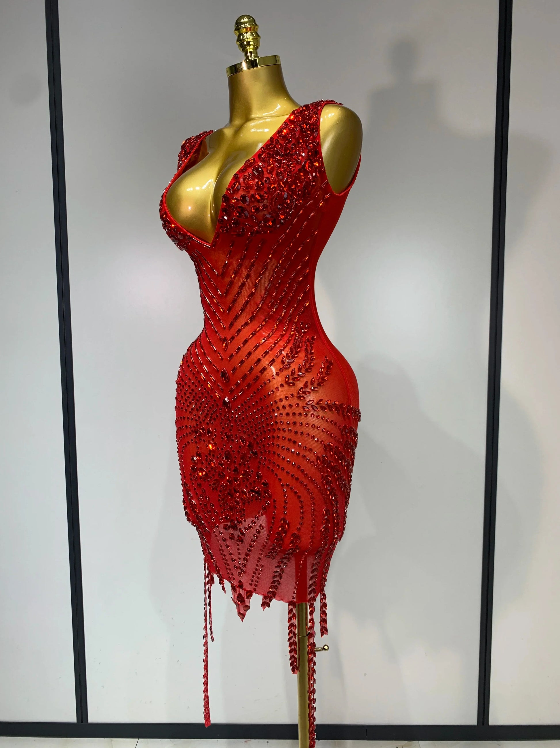 Sparkly Rhinestone Mesh See Through V Neck Dress Women Sexy Performance Stage Costume Evening Party Club Luxury Birthday Outfit