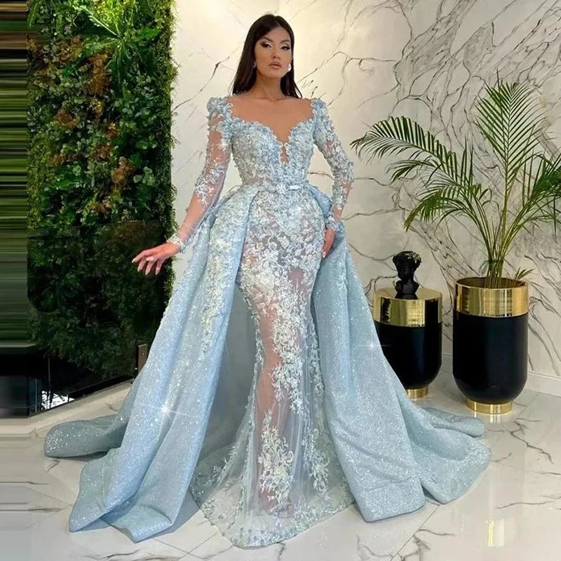Luxury Deep V neck Mermaid Evening Dresses Long Sleeves Detachable Train Lace 3D Flowers Prom Dresses Arabic Formal Party Dress as picture color
