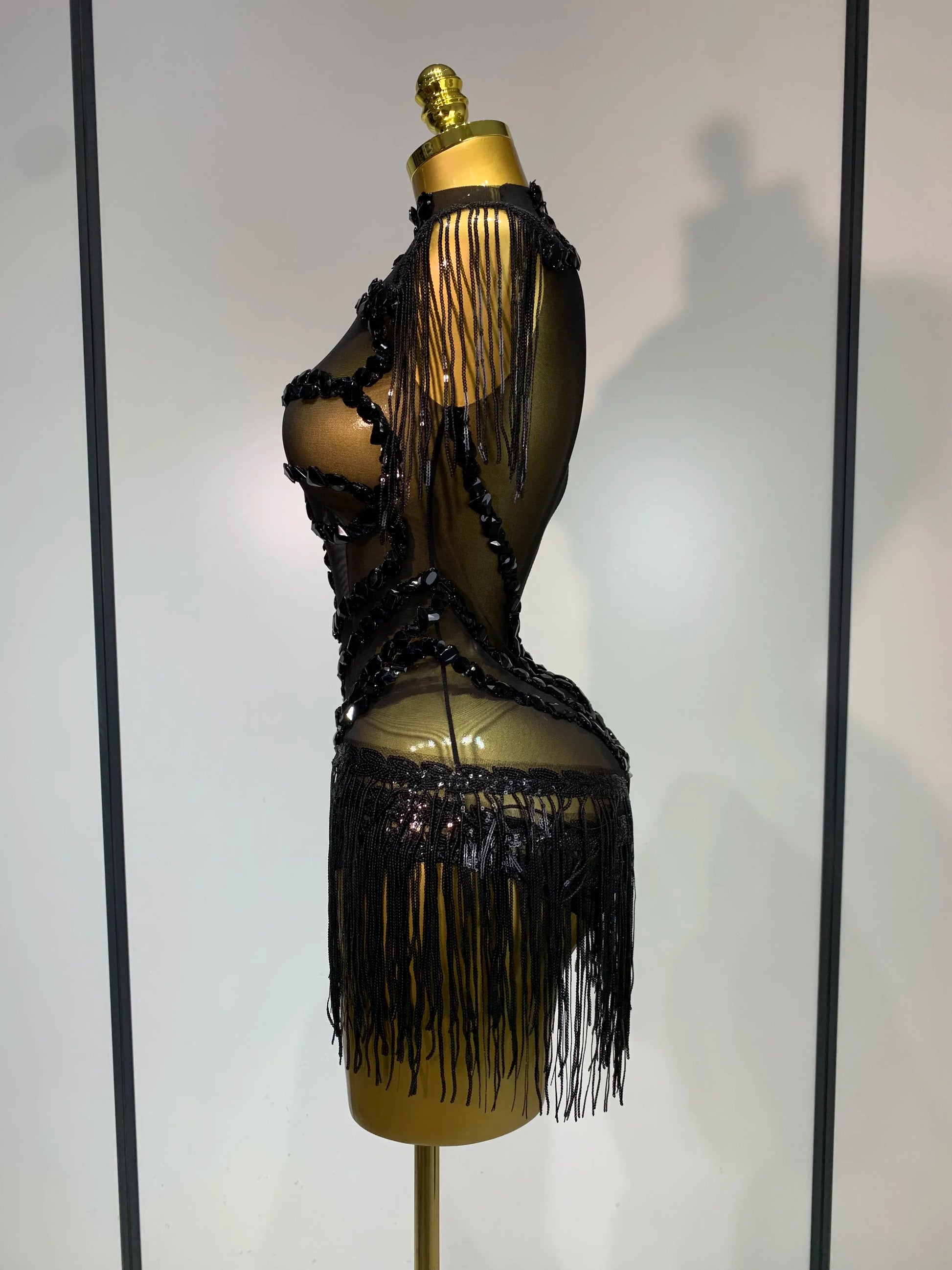 Sexy Mesh SeeThrough Black Rhinestone Bodysuit Singer Dancer Show Stage Outfit Celebrate Birthday party Club Performance Waer