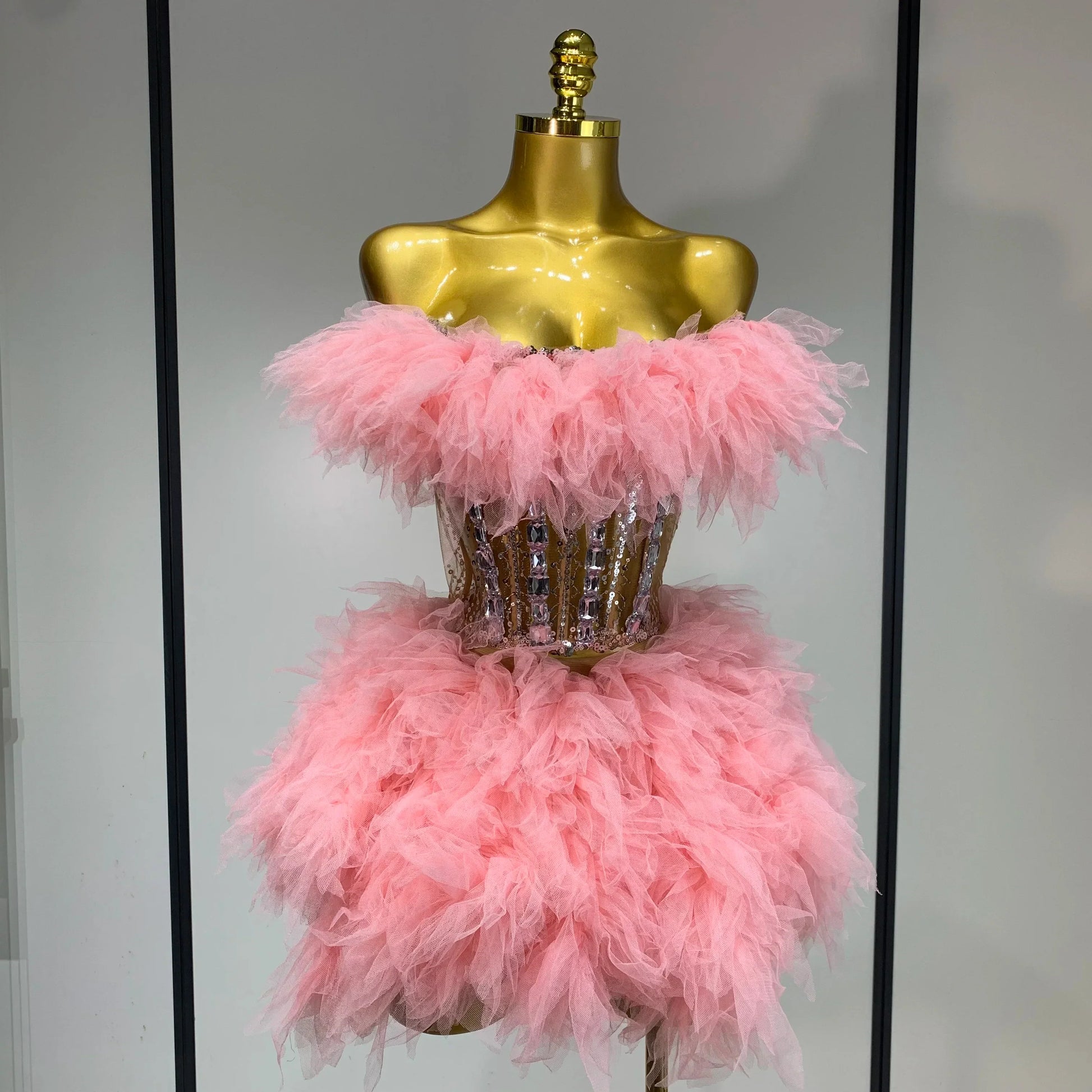 Sexy Strapless Red Mesh Two Pieces Set Singer Nightlcub Party Stage Outfit Photo Shoot Prom Gown Luxury Birthday Dresses Pink