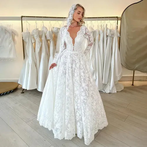 A Line Elegant Wedding Dresses Deep V Neck Long Sleeves Lace Bride Gowns for Women Party Floor Length Bridals Dresses Ivory