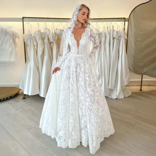 A Line Elegant Wedding Dresses Deep V Neck Long Sleeves Lace Bride Gowns for Women Party Floor Length Bridals Dresses