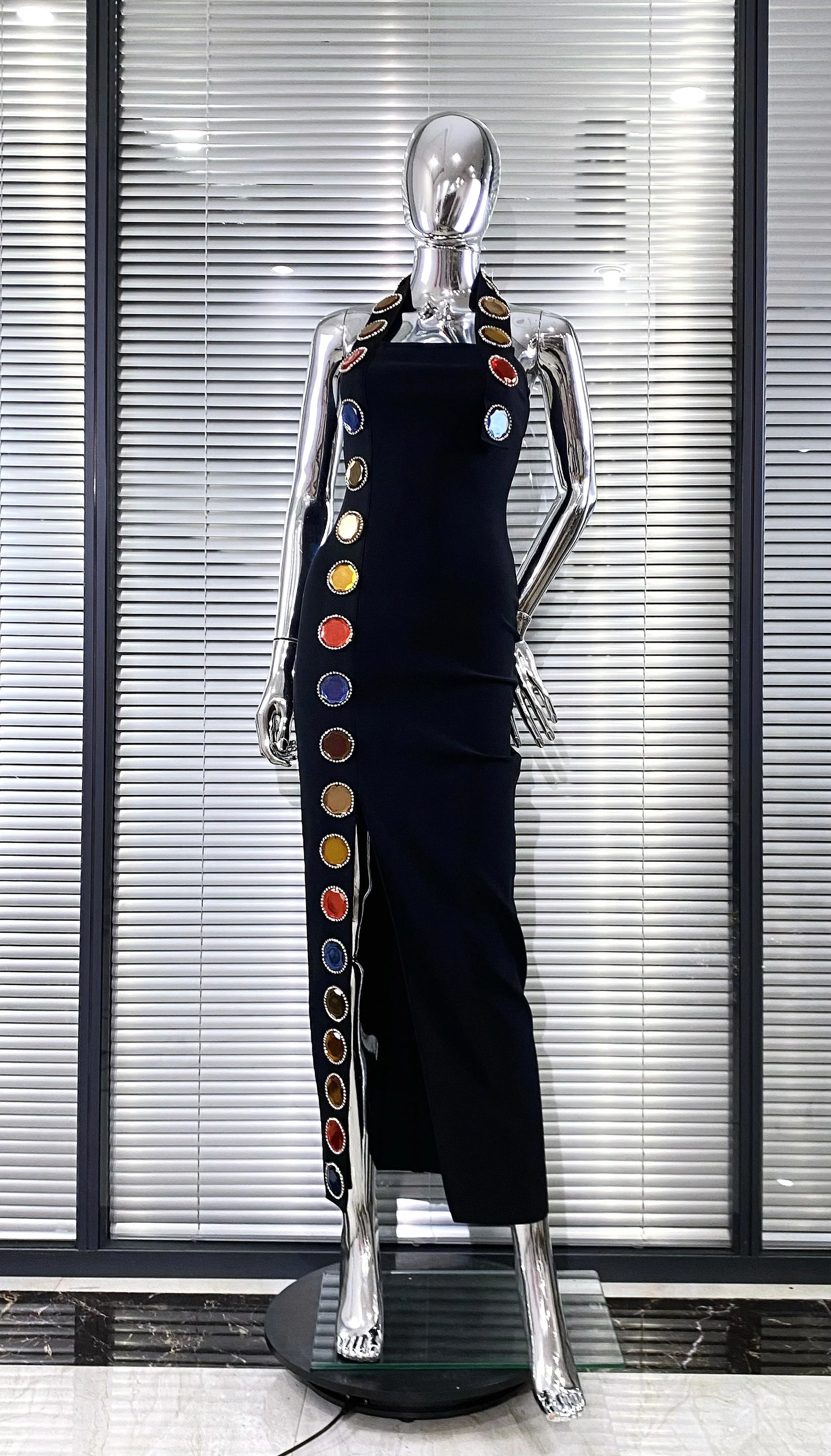 Summer Special Design Shining Colorful Diamonds Sexy Halter Black Bandage Dress Woman Birthday Party Dress Club Party Outfit black