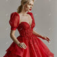 A Line Red Shiny Mini Wedding Dresses Sweetheart Detachable Sleeves Bridals Gowns Tiered Tulle Bride Party Dresses