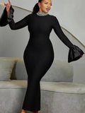 Women's Light Luxury Beaded Elegant Bandage Dress Stand Collar Horn Sleeve Bodycon Long Dresses Evening Club Party Vestidos