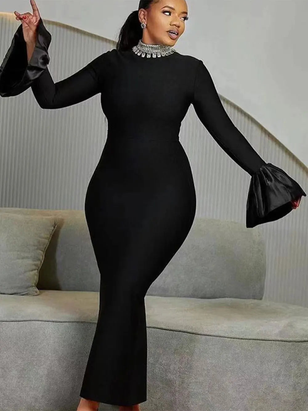 Women's Light Luxury Beaded Elegant Bandage Dress Stand Collar Horn Sleeve Bodycon Long Dresses Evening Club Party Vestidos