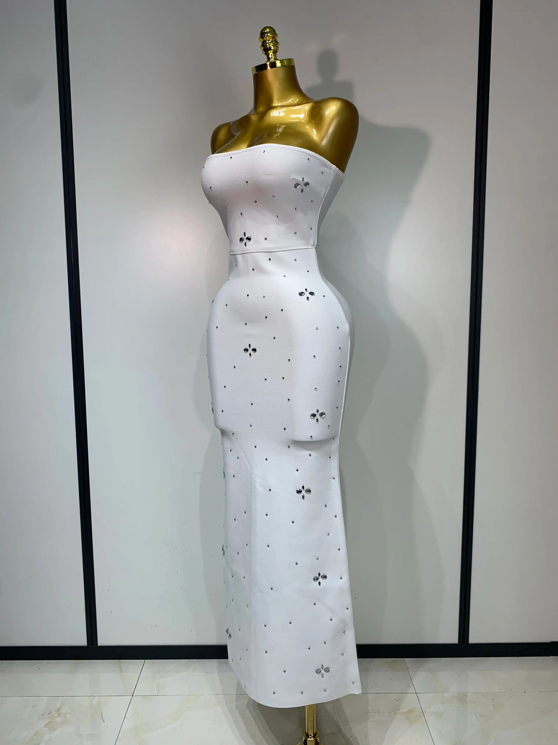 Luxury Rhinestone Sexy Strapless Backless Long Bodycon Bandage Dress White Elegant Evening Party Birthday Club Dress WHITE