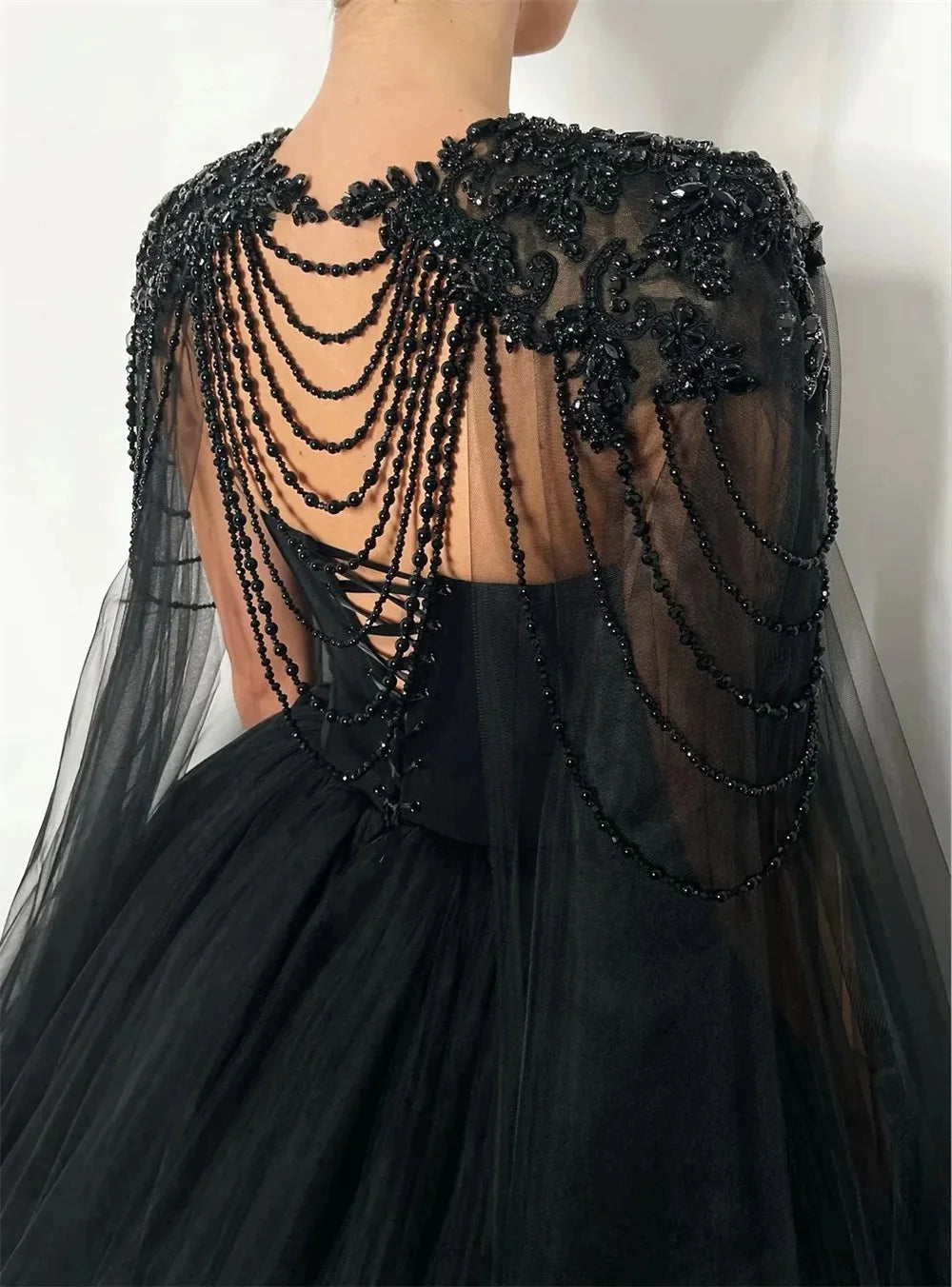 Black Beaded Glitter A-line Wedding Dress Elegant Detachable Shawl Custom Dresses Sexy Heart Shaped Neck vestido feminino