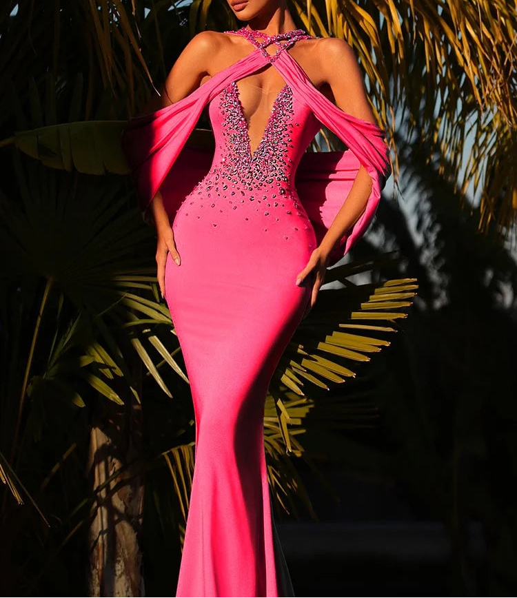 Eye-Catching Off-Shoulder V-Neck Hot Pink & Black Dress with Crystal Party Evening Gown