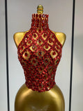 Sparkly Slver Rhinestone Sequins Mesh See Through Top Women Sexy Nightclub Evening Party Backless Spicy Girl Stage Outfit Red