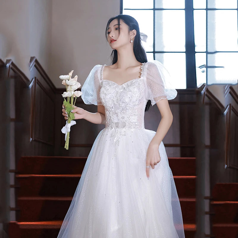 Mewah Prancis Putih Satin Sequin Wedding Dresses Untuk Pengantin Elegan Seksi Seksi Slim Puff Lengan Panjang Gaun Pesta Prom Wanita Vestidos