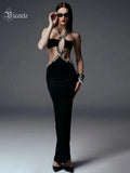 Sexy Halter Gold Chains Hollow Out Long Dress Black Sleeveless Backless Shiny Diamonds Bodycon Dresses Evening Party Gowns