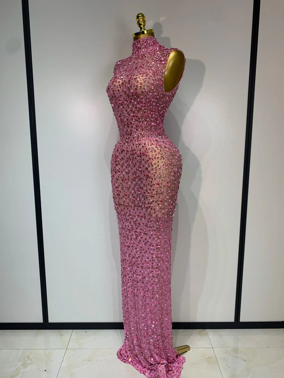 Sparkly Rhinestone Sleeveless Maxi Long Dress Sexy Mesh See Through Luxury Birthday Dress Evening Party Singer Stage Outfit Pink