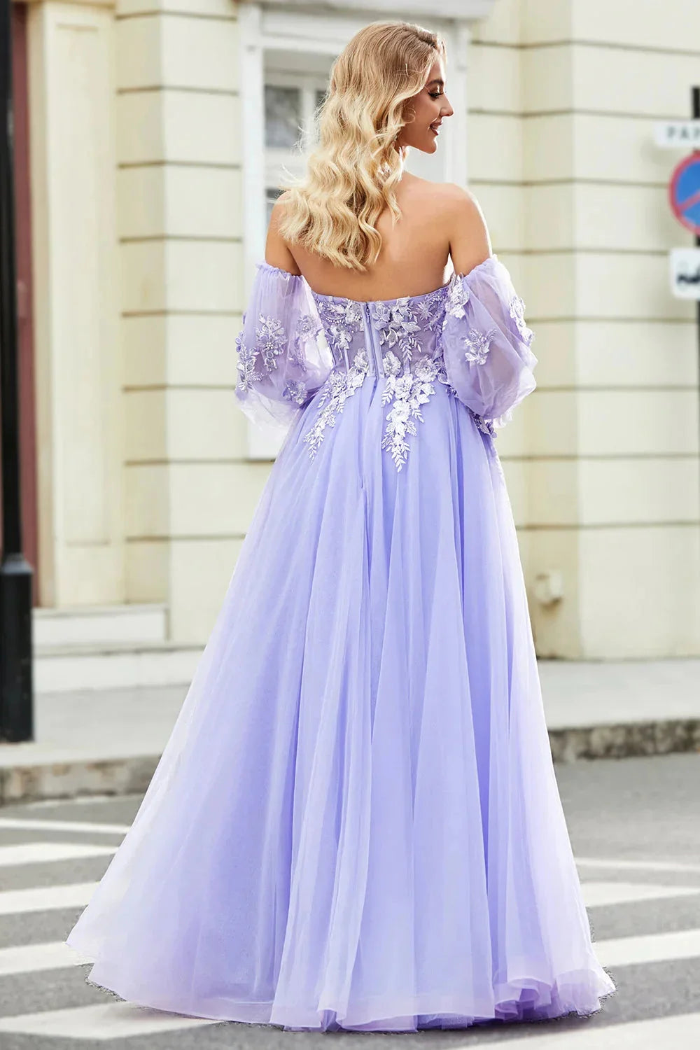 Vestidos de graduación color lavanda con hombros descubiertos, corte en A, tul, mangas abullonadas elegantes, largo hasta el suelo, moda de verano