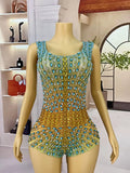 New Sparkly Rhinestone Elastic Spandex Bodysuit Women's Club Bars Sexy Dance Show Crystals Vest Bodysuit Party Stage Wear Sitiao
