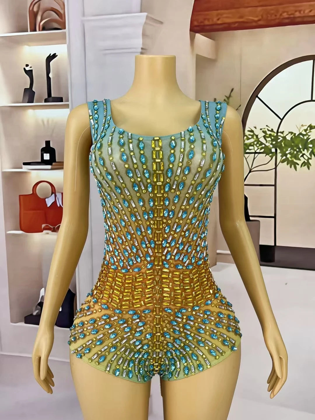 New Sparkly Rhinestone Elastic Spandex Bodysuit Women's Club Bars Sexy Dance Show Crystals Vest Bodysuit Party Stage Wear Sitiao