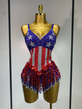 Shiny Rhinestones Tassel Bodysuit Performance Dance Singer Costume Evening Party Nightclub Stage Leotard Cheerleading Outfit Blue