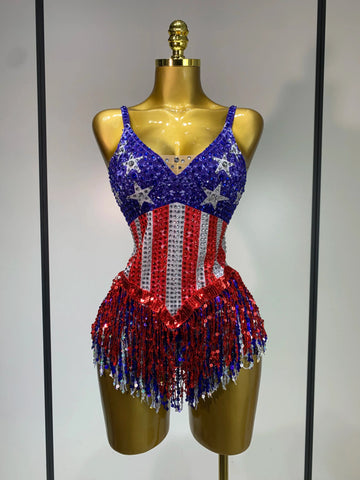 Shiny Rhinestones Tassel Bodysuit Performance Dance Singer Costume Evening Party Nightclub Stage Leotard Cheerleading Outfit Blue