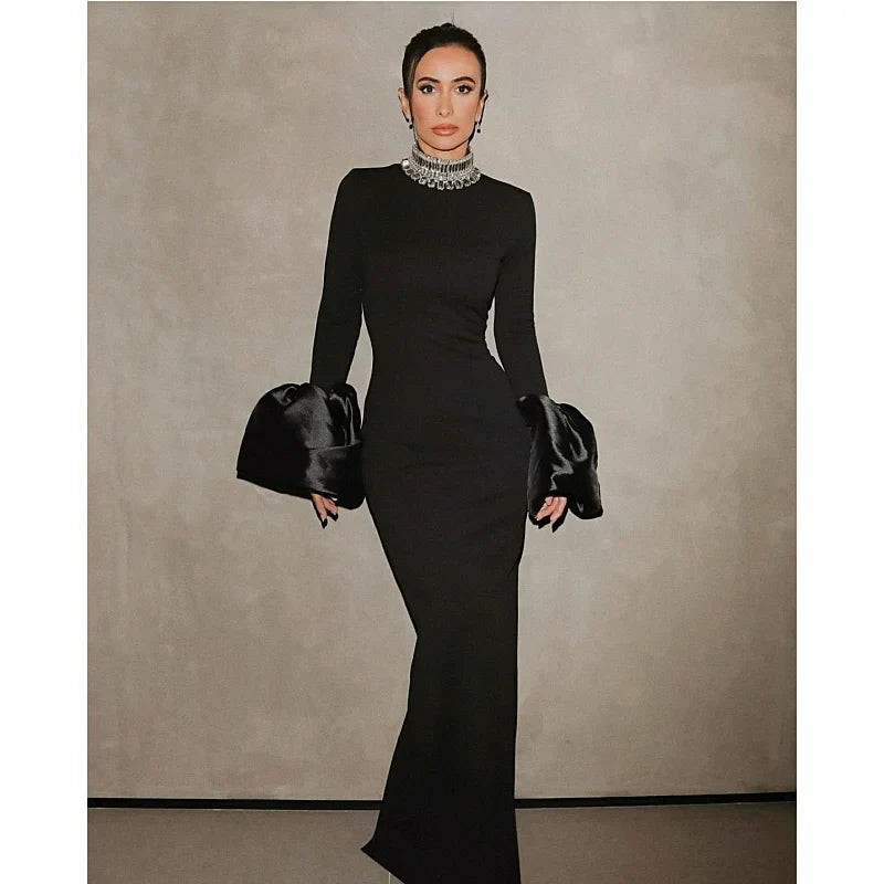 Shining Diamonds Neck Flare Sleeve Black Long Bandage Dress Elegant Woman Evening Party Dress Cocktail Party Outfit