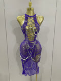 Sexy Black See-Through Pin Decoration Chain Beading Short Dress Women Birthday Evening Party Nightclub Performance Costume PURPLE
