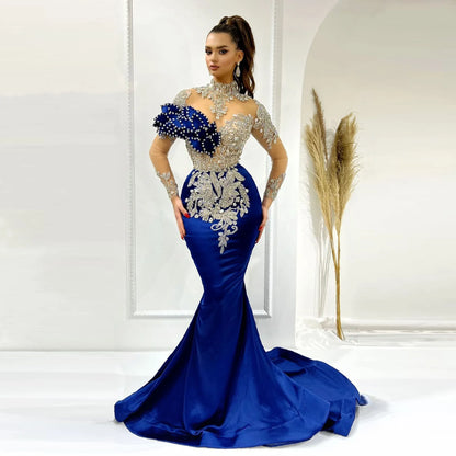 Vestido de fiesta de sirena azul real, vestidos de fiesta árabes de Dubái para boda, vestidos de desfile para mujer