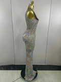 Luxury Crystals Diamonds Slit elegant Sheath Fishtail Dress Women Sexy Evening Party Performance Photoshoot Stage Dress