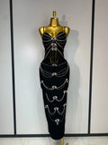 Spaghetti Strap Bodycon Bandage Dress Women Sexy Sparkly Beading Club Evening Party Birthday Dresses Wedding Guest Gown black