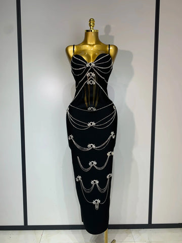 Spaghetti Strap Bodycon Bandage Dress Women Sexy Sparkly Beading Club Evening Party Birthday Dresses Wedding Guest Gown black