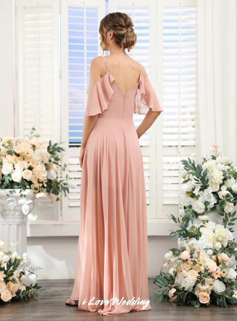 Pink Spaghetti-Strap Bridesmaid Dresses Chiffon V-Neck Ruffles A-Line Split Floor-Length Wedding Guest Dresses Customized