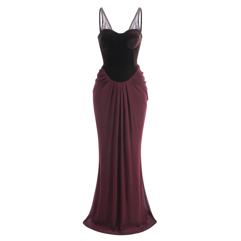 Chic Sleeveless Maxi Dress with Velvet Bodice and Chiffon Drape for Upscale Receptions Evening Gown PURPLE