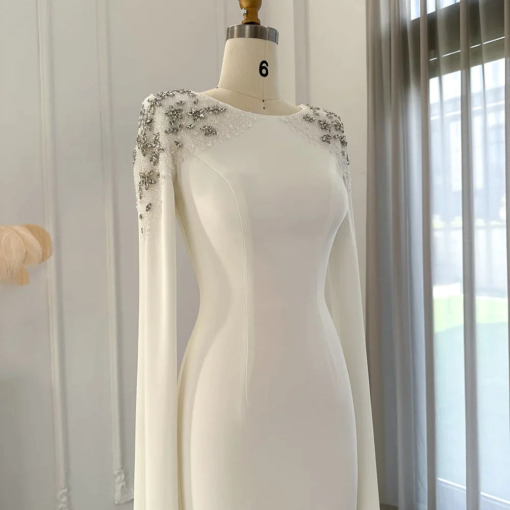 Robe de soirée sirène blanche élégante, dubaï, pour femmes, manches Cape, fête de mariage, musulmane, longues robes formelles 