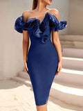 Elegant off shoulder Evening Dress Sexy Party Bandage Celebrity Night Club Women Cocktail Dresses Sleevelss Knee Length Luxury Blue