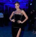 Luxury Diamonds Sexy High Slit Strapless Black Floor Lenght Evening Dress Goddess Evening Party Dress Celebrity Party Outfit