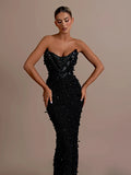 Stunning Strapless Sleeveless Black Crystal Sequin Dress Luxury Party Evening Gown