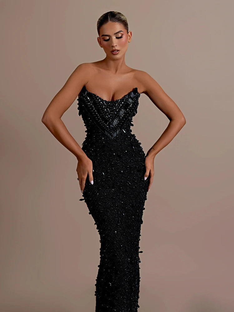 Stunning Strapless Sleeveless Black Crystal Sequin Dress Luxury Party Evening Gown