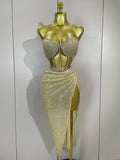Sparkly Sequins Diamond Birthday Party Two Piece Set Evening Dress Women Sexy Singer Dancer NightClub Bar Performan Costume Khaki