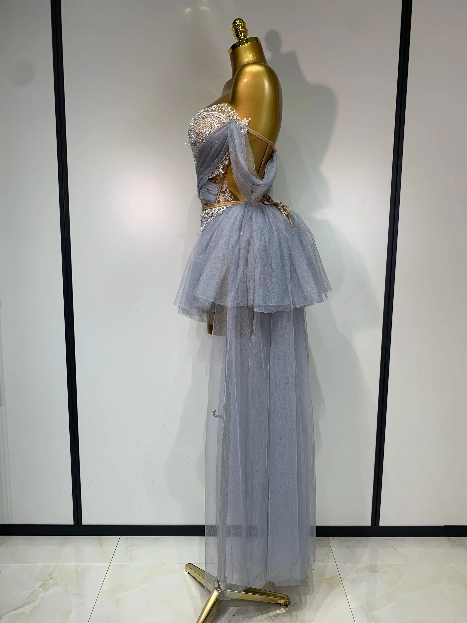 Sexy Backless Mesh Top Skirt Two Pieces Set Celebrate Festival Performance Costume Luxury Birthday Evening Party Design Dress