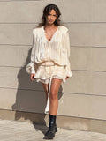 Chic Chiffon Mini Dress with Tie-Neck and Lantern Long Sleeves for a Garden Party Evening Gown