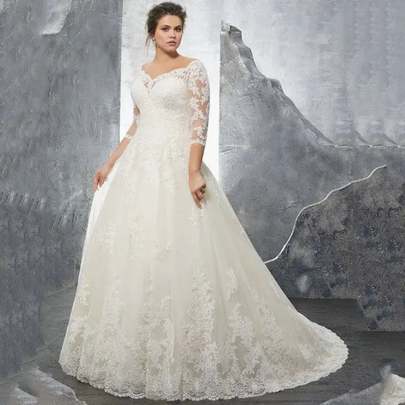 Plus Size Wedding Dress Women Sweetheart A-line Off The Shoulder Half Sleeves Vestido De Novia Elegant Lace Applique Court Train Plus Size