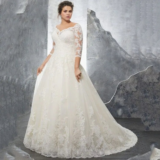 Saiz saiz pakaian perkahwinan wanita kekasih a-line dari bahu separuh lengan Vestido de Novia Elegant Lace Applique Court Train