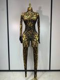 Women Sexy Black Rhinestone Stretch Bodycon Jumpsuit Club Evening Party Birthday Wear Singer Dancer Stage Perform Costume Gold