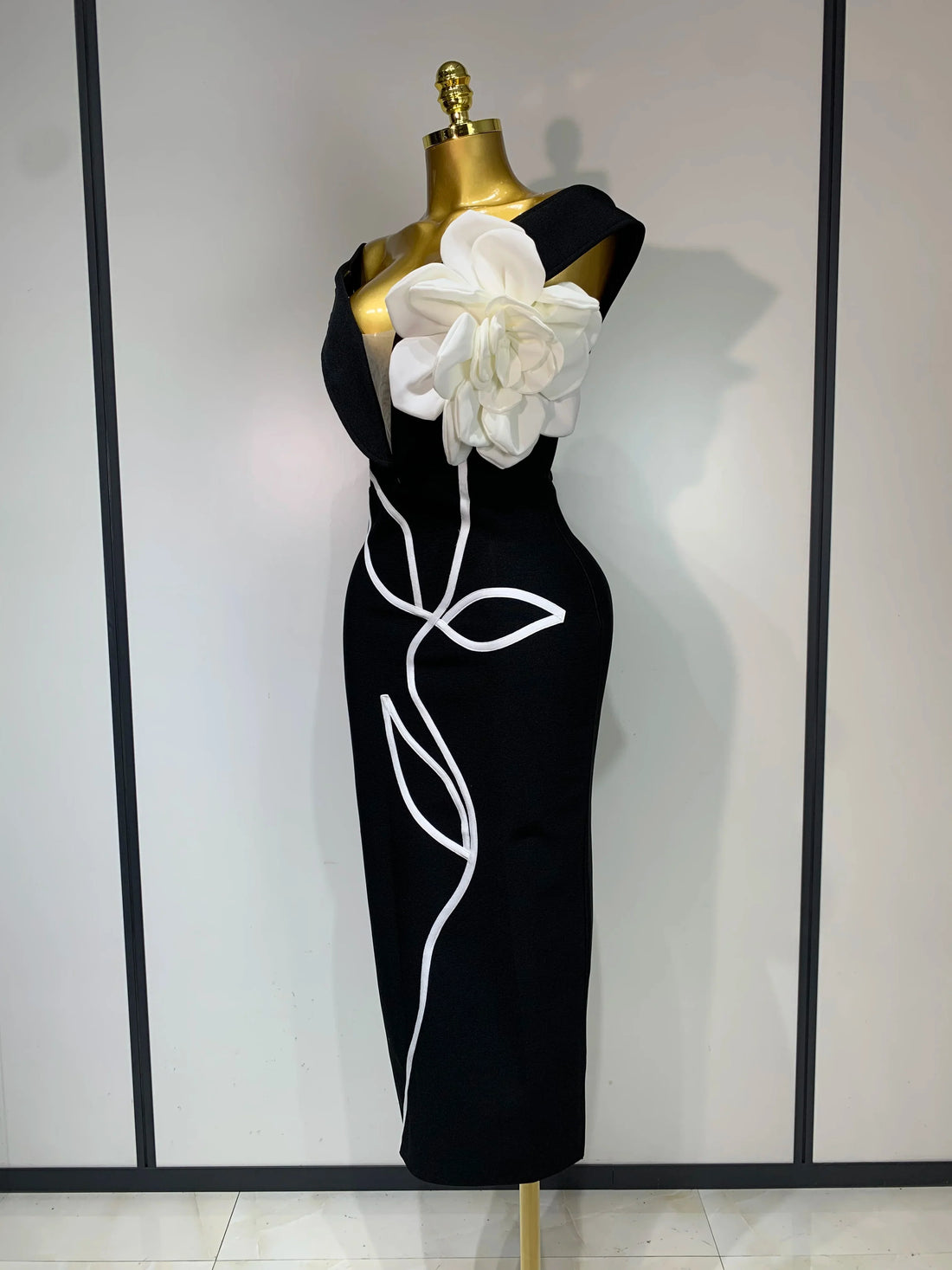 Women Sexy Off Shoulder Backless Bandage Dress Celebrity Elegant Flowers Evening Party Luxury Bithday Outfit Fashion Show Gowns black