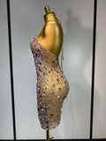 Colorful Crystals Diamond Women Sexy Halter Mesh See Through Bodycon Dress Nightclub Evening Party Celebrate Birthday Costume