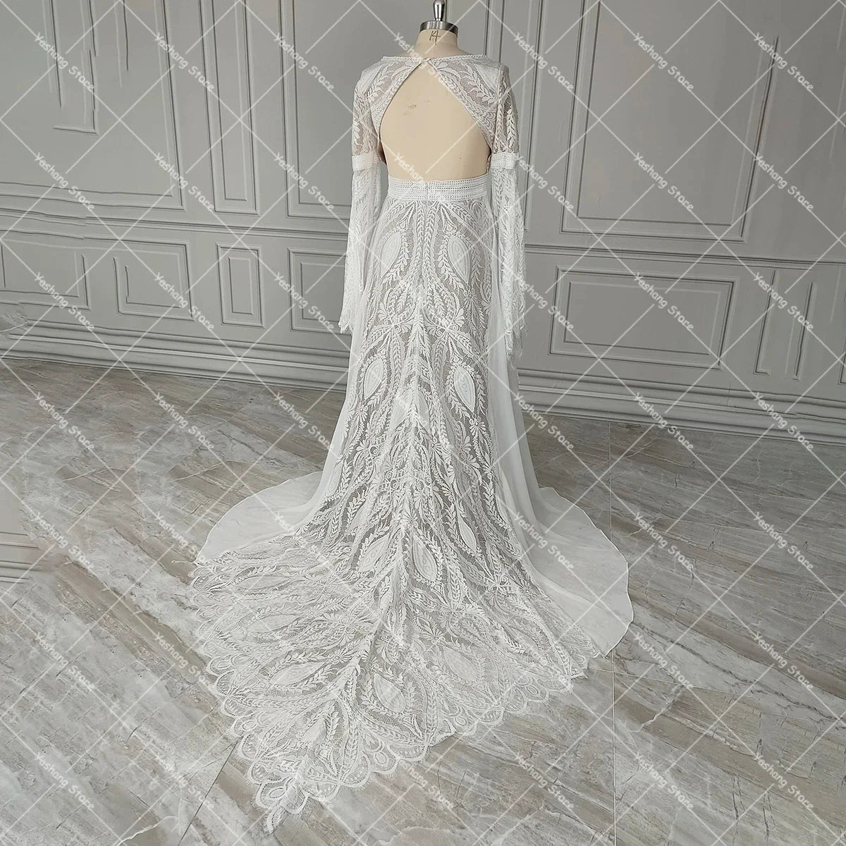 Lengan Long Bell Split Boho Gaun Pengantin Kustom Made V Neck Front Cutout Cutout Backless A Line Chiffon Lace Wedding Dress