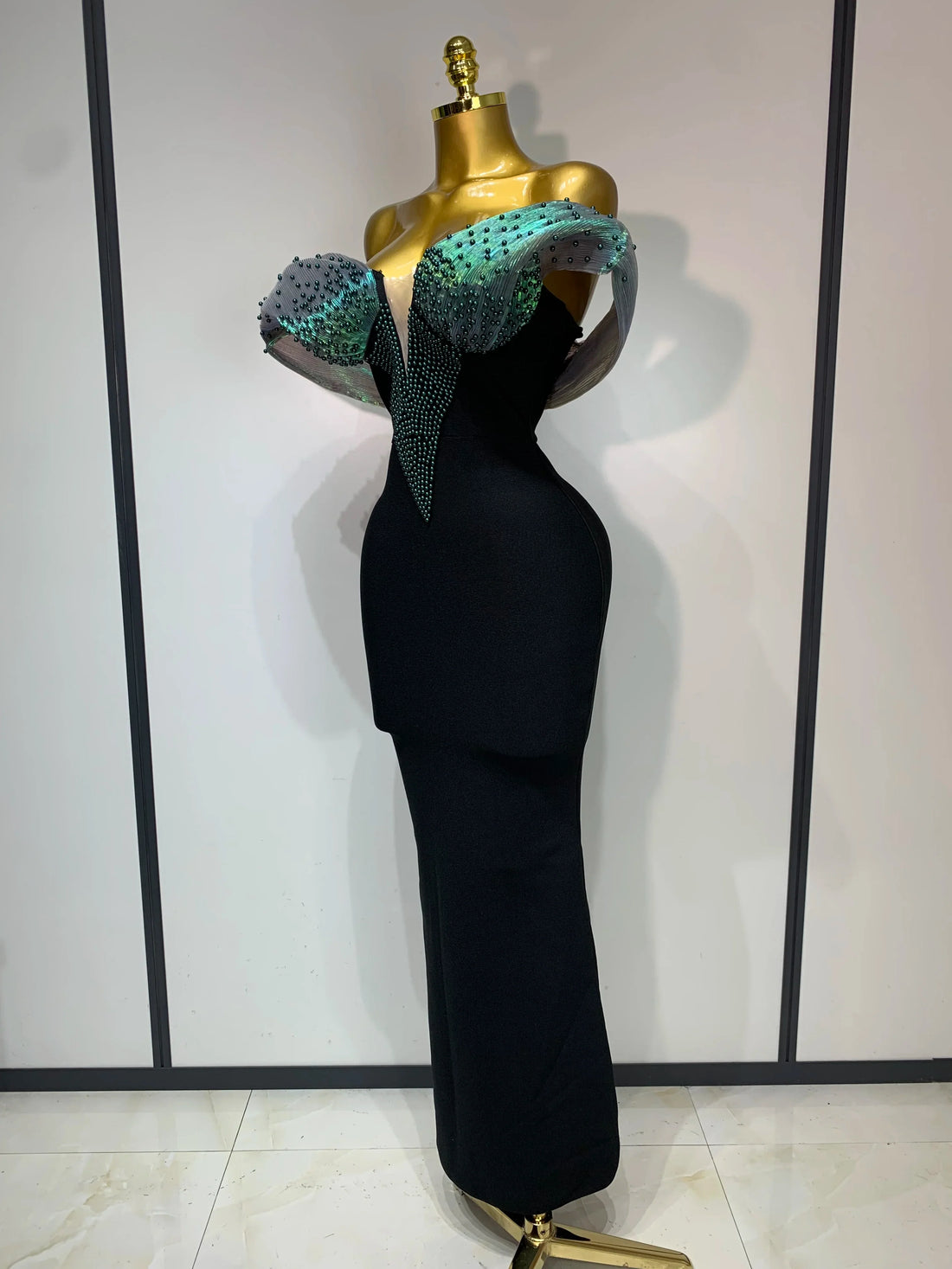Women Celebrity Sexy Off Shoulder Beading Bodycon Maxi Long Bandage Dress Elegant Evening Club Party Luxury Birthday Outfit black