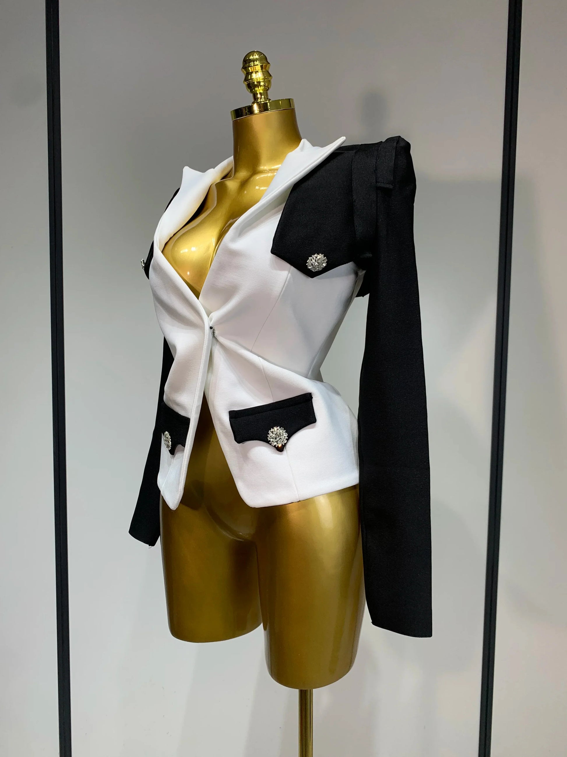 Designer Fashion Black White Bandage Jacket Two Piece Set Women Slim Fit Diamond Button Suit Jackets Coat
